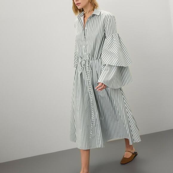 Rosie Assoulin Striped Midi Dress in Green and White - Picture 1 of 16